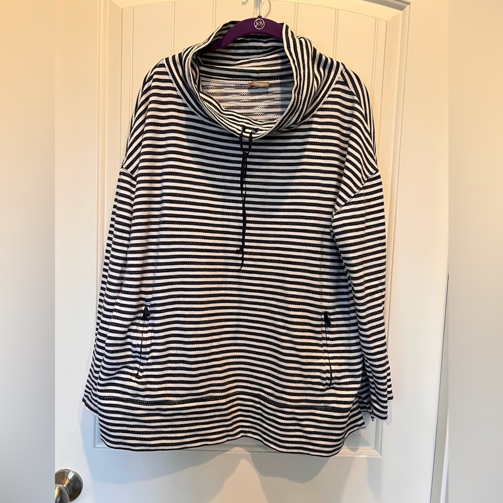 Talbots Navy and White Striped Cowl Neck top with Zipper Pockets XL?